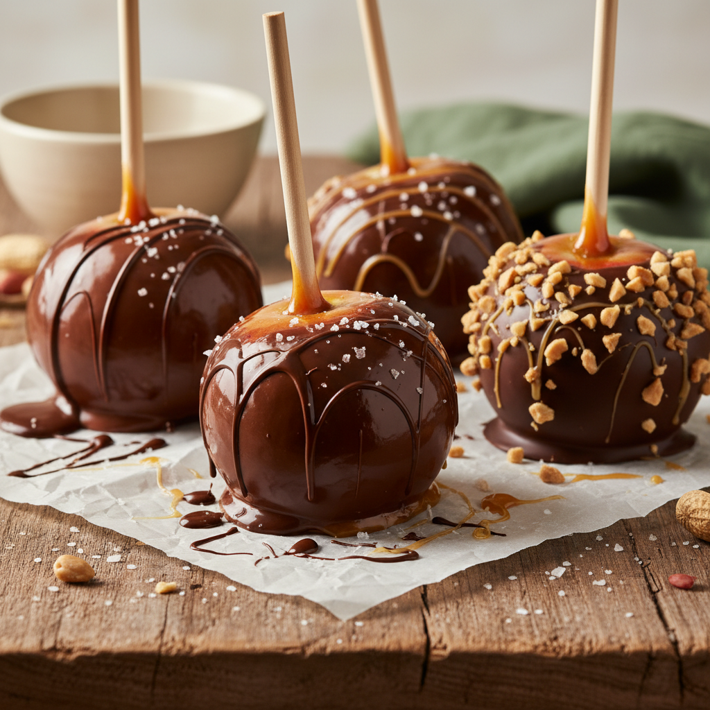 Gourmet caramel apples with chocolate and toppings