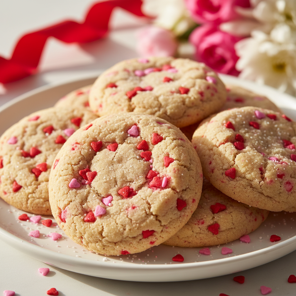 Valentine Funfetti Cookies with pink and red sprinkles